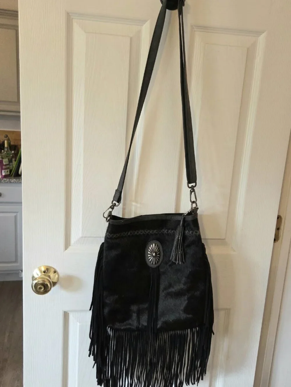 Idyllwind Black Suede Leather w/Faux Pony Hair Front Fringed Crossbody Bag Purse
